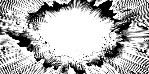 Dynamic anime manga explosion impact scene with intense speed lines