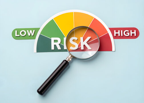 Risk Assessment Gauge with Magnifying Glass: Low, Medium, High Levels