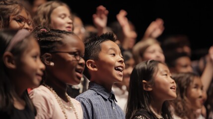 Fototapeta premium Joyful diverse children laughing and smiling during live performance or educational event with bright expressions of wonder