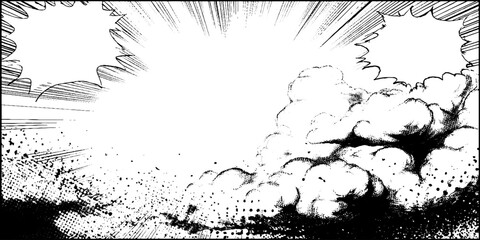 Fototapeta premium Dynamic black and white manga scene with fog and smoke for comic layout design