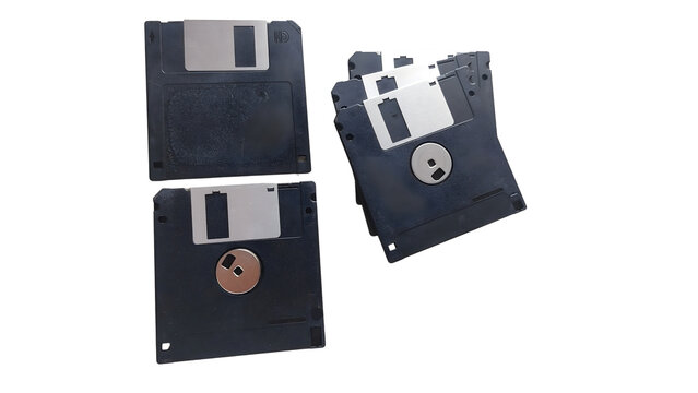 Vintage 3.5-inch floppy disks isolated on a transparent PNG background. Ideal for retro technology themes, nostalgia projects, educational materials, and digital design.