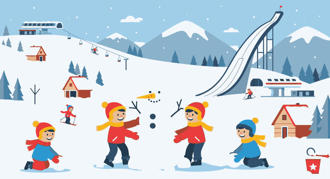 Children Building a Snowman in a Winter Landscape Illustration