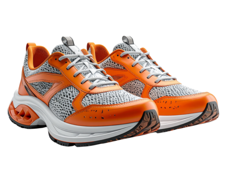 Symmetrical Pair of Orange and White Fitness Shoes, modern running and training footwear