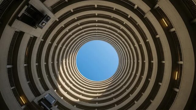 Looking up through a concrete spiral parking garage towards a bright blue sky