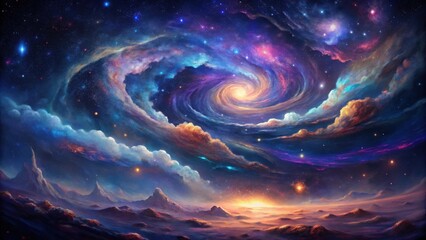 Celestial Swirl Above a Dreamlike Landscape with Vibrant Hues and Starry Expanse
