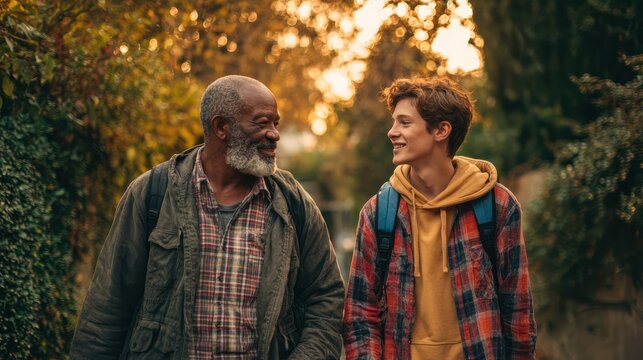 Diverse man and teenager walking outside. An elderly african american man and a young man with a backpack are walking on a path in the park