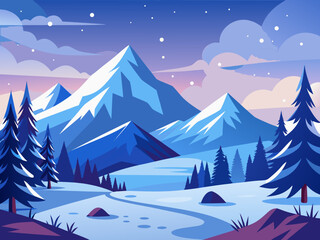 Illustration of snowy mountains and pine trees at dusk