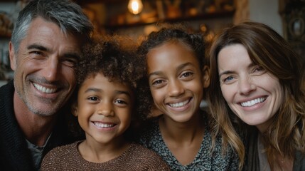 Obraz premium A close-up portrait of a happy, diverse family with two smiling girls and their loving parents, showcasing a warm, joyful, and multicultural home environment