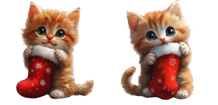 Two adorable ginger kittens holding red christmas stockings, isolated on transparent background