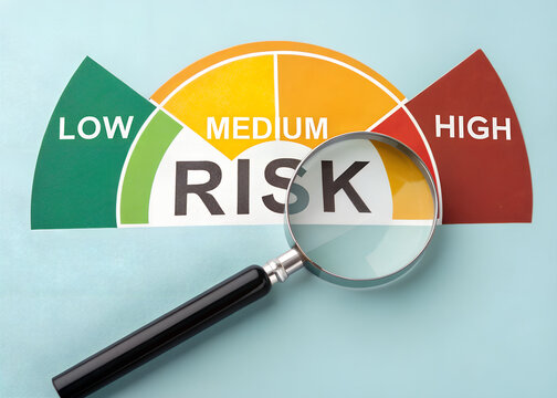 Risk Assessment Gauge with Magnifying Glass: Low, Medium, High Levels