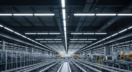 Naklejka premium Industrial factory interior with automated robotics and machinery for world quality day