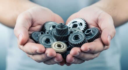 Celebrating world quality day with hands holding mechanical gears and cogs for excellence and precision themes