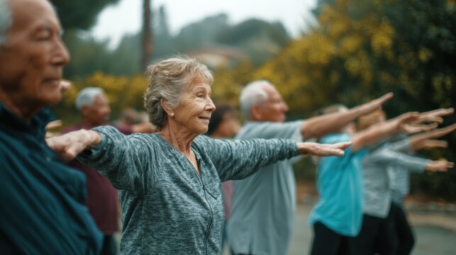 A joyful senior woman smiling while doing arm stretches outdoors with a group of diverse elderly friends, staying healthy and active together