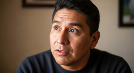 Portrait of man looking aside with thoughtful expression, revealing concern and introspection. This Portrait of man shows someone contemplating life's challenges,