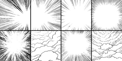 Dynamic black and white manga explosion elements for anime and comic design