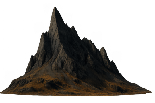Rugged rock peak with jagged slopes rising from a natural base, isolated in a desolate landscape, transparent background