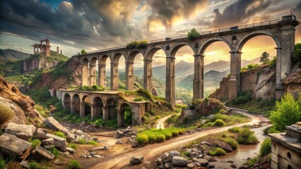 Obraz premium Ancient Stone Bridge at Sunset Over Rolling Hills and a Winding Path