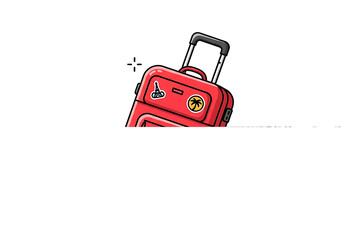 Bright red rolling suitcase with stickers and extendable handle isolated on transparent background