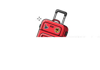 Bright red rolling suitcase with stickers and extendable handle isolated on transparent background