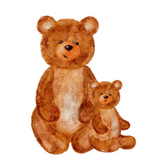 Two watercolor brown teddy bears sitting together isolated on white background.