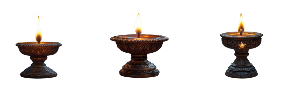 Three ornate, antique, oil lamps with lit flames, isolated on transparent background - Powered by Adobe