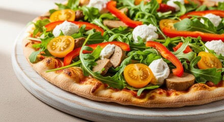 Delicious vegan pizza with tomatoes and arugula for world vegan day celebration
