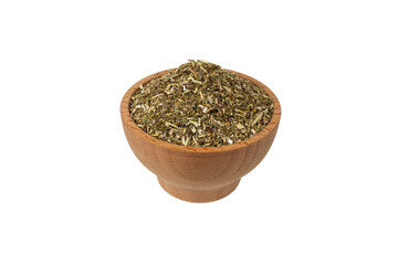 Dry Tansy Herb in latin Tanacetum vulgare in wooden bowl isolated on white background.Herbs....