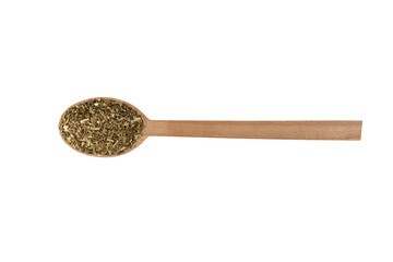 Dry Tansy Herb in latin Tanacetum vulgare on wooden spoon isolated on white background.  Herbs. Alternative medicine.