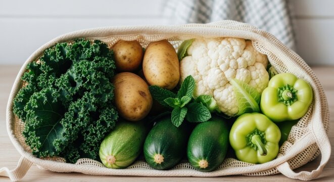 Fresh vegetables in bag celebrating world vegan day for healthy living and natural diet