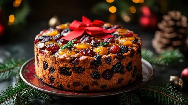 Festive fruitcake slices presenting a creamy cheesecake core with dried fruits on a crunchy crust, topped with glazed raisins, walnuts, and a hint of rosemary, evoking holiday season celebrations