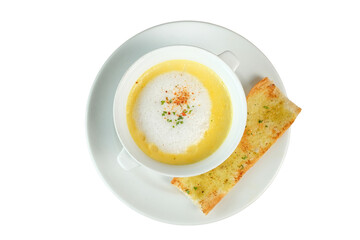 Delicious creamy soup with a slice of bread