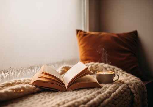 A cozy scene with an open book and steaming coffee on a knit blanket. Relaxing at home by a window on a cold winter day. Hygge lifestyle concept