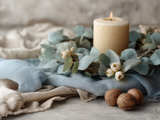 soft pastel vintage christmas still life, eco friendly holiday decor with linen fabrics, eucalyptus wreath, gentle candlelight, nostalgic 1950s composition