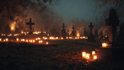 Cemetery at night with glowing candles and misty atmosphere