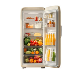 A modern open fridge isolated on white background