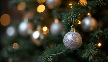 Obraz premium Close up of silver Christmas balls on a Christmas tree with bokeh background