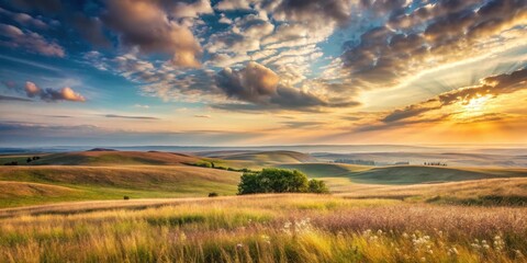 Fototapeta premium Golden Hour Serenity Rolling Hills Basking in the Warmth of a Sunset