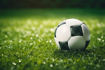 Fototapeta premium Soccer ball sitting on a vibrant green grass field, ready for a game