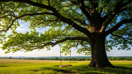 Obraz premium A majestic oak tree stands as a testament to time, its branches sheltering a simple swing, inviting dreams of serenity and nostalgia within the vast open field.