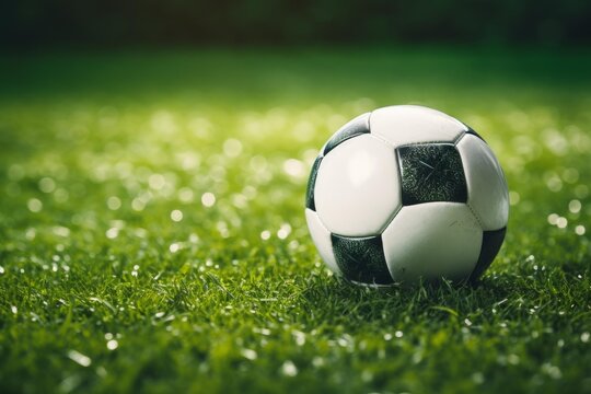 Soccer ball sitting on a vibrant green grass field, ready for a game
