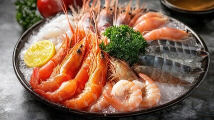 A collection of fresh seafood such as shrimp on a plate