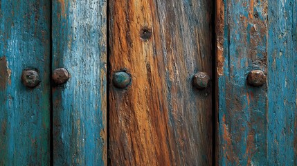 Fototapeta premium Rustic wooden door with weathered blue paint and aged iron bolts evokes vintage charm and timeless character for creative design projects