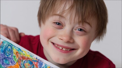Happy smiling child with Down syndrome holding colorful artwork displaying joy and creativity in educational environment