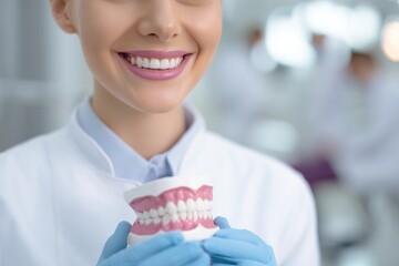 A smiling woman in a dental lab holds a model of teeth, showcasing dental care and expertise in oral health.