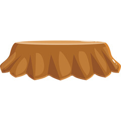 Cartoon Style Brown Round Table With Tablecloth Isolated On White Background