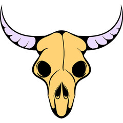 Cartoon Style Bull Skull With Long Curved Horns and Empty Eye Sockets Set Against A White Background