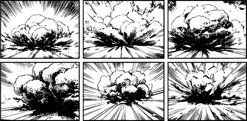 Dynamic manga style explosion sequence with vertical layout for comic design