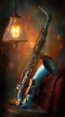 Naklejka premium A beautifully lit saxophone rests against a textured backdrop, exuding a warm, artistic ambiance.