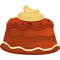 Cartoon Style Chocolate Pudding Cake with Cream Topping and White Frosting Detail on Transparent Background