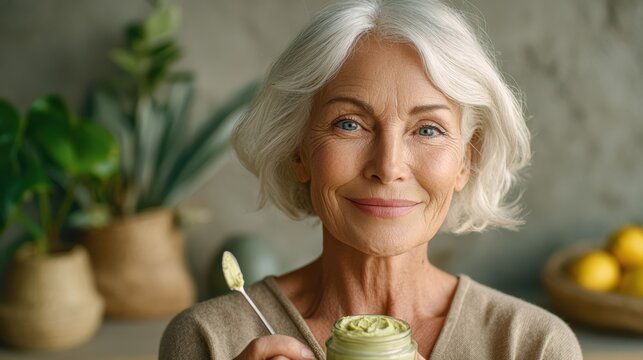 Elegant senior woman with silver hair enjoying healthy green smoothie in bright modern kitchen with plants and natural lighting - Powered by Adobe